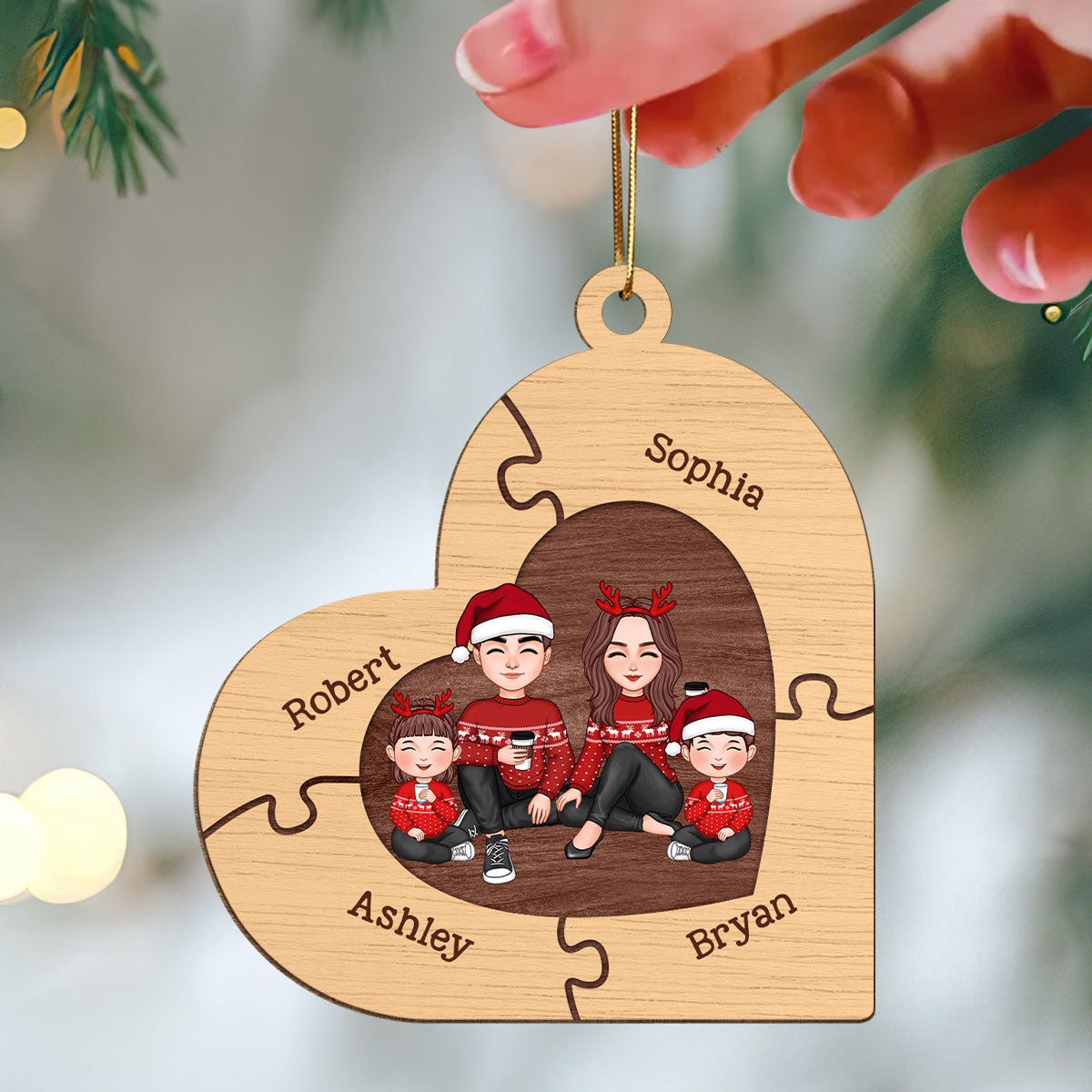 Christmas Cute Doll Family Sitting Heart Puzzles Personlized Wooden Ornament