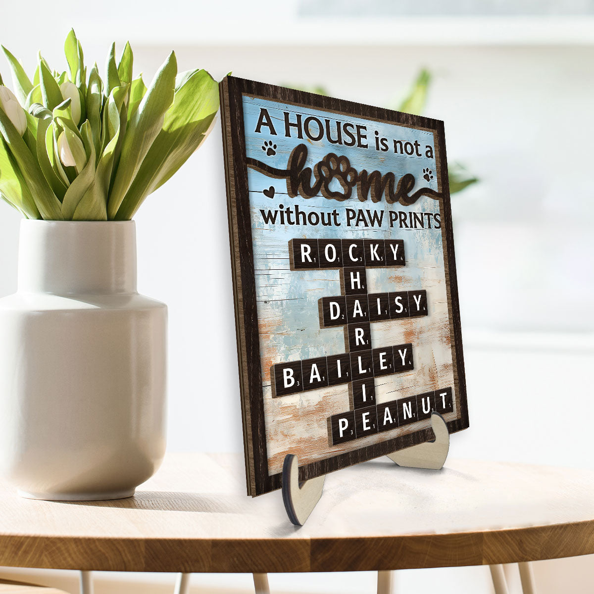 Home With Paw Prints Pet Crossword Puzzle Art Personalized 2-Layer Wooden Plaque