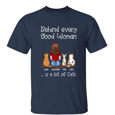 Behind Good Woman Is Cats Back View Sitting Woman & Cat Personalized Shirt