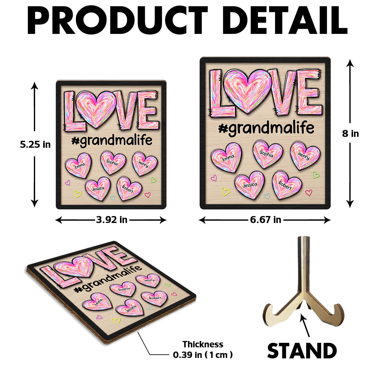 Grandma Mom Sweet Pink Hearts Personalized 2-layer Wooden Plaque