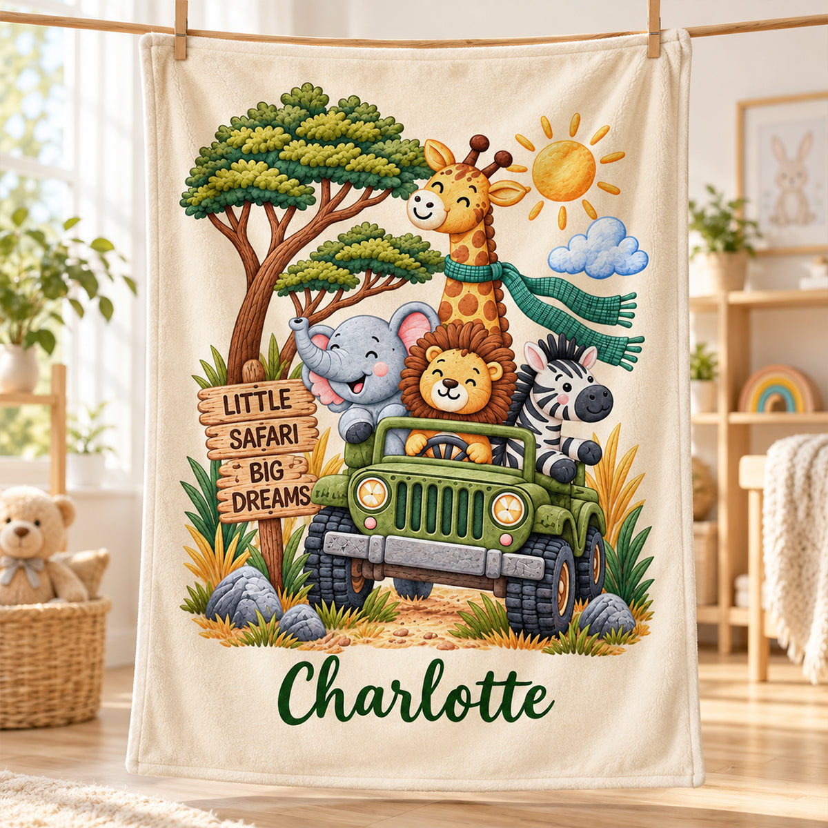 Little Safari Big Dreams Custom Name - Personalized Fleece Blanket - Baby Shower Gift, Birthday Gift For Baby Boys, Girls, Toddlers, Grandkids