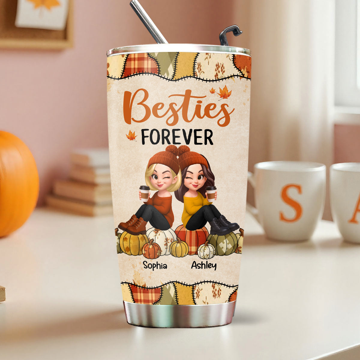 Besties Sisters Sitting On Pumpkin Preppy Floral Fall Season Personalized Tumbler