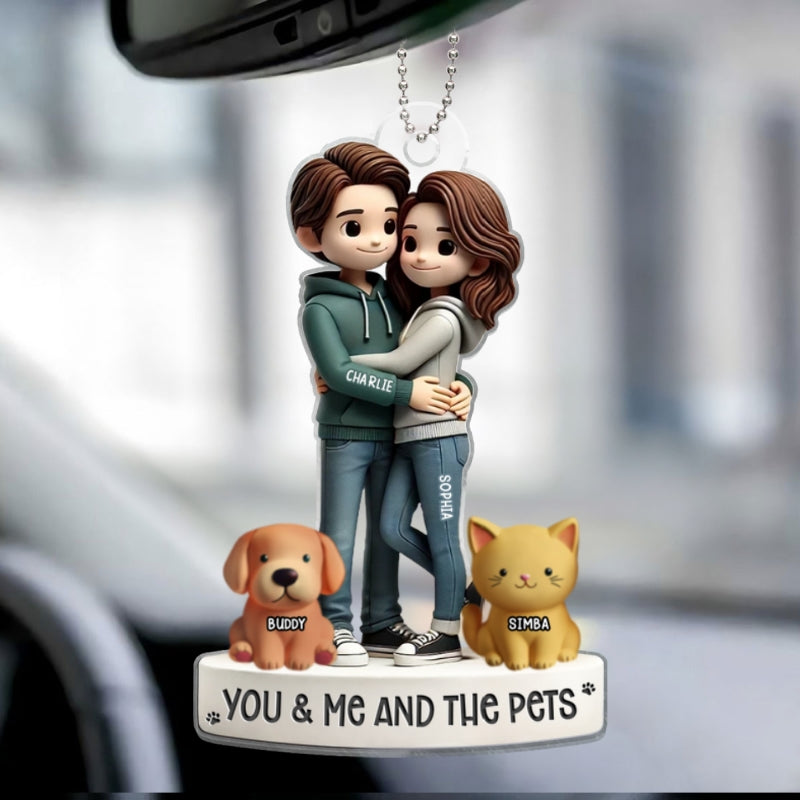 Couple Hugging You Me And The Dog Cats Personalized Acrylic Car Hanger Ornament, Heartfelt Gift For Couple, For Dog Lovers, Cat Lovers, Pet Lovers