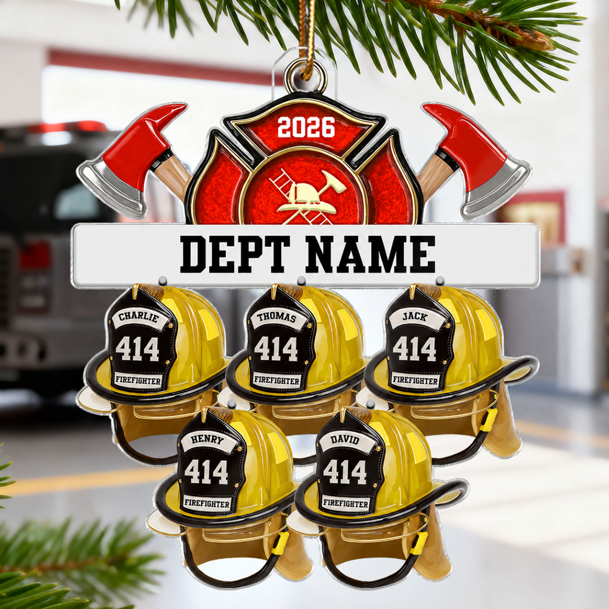 3D Effect Firefighter Station Helmets - Personalized Acrylic Ornament - Christmas Gift For Firefighter Station Department