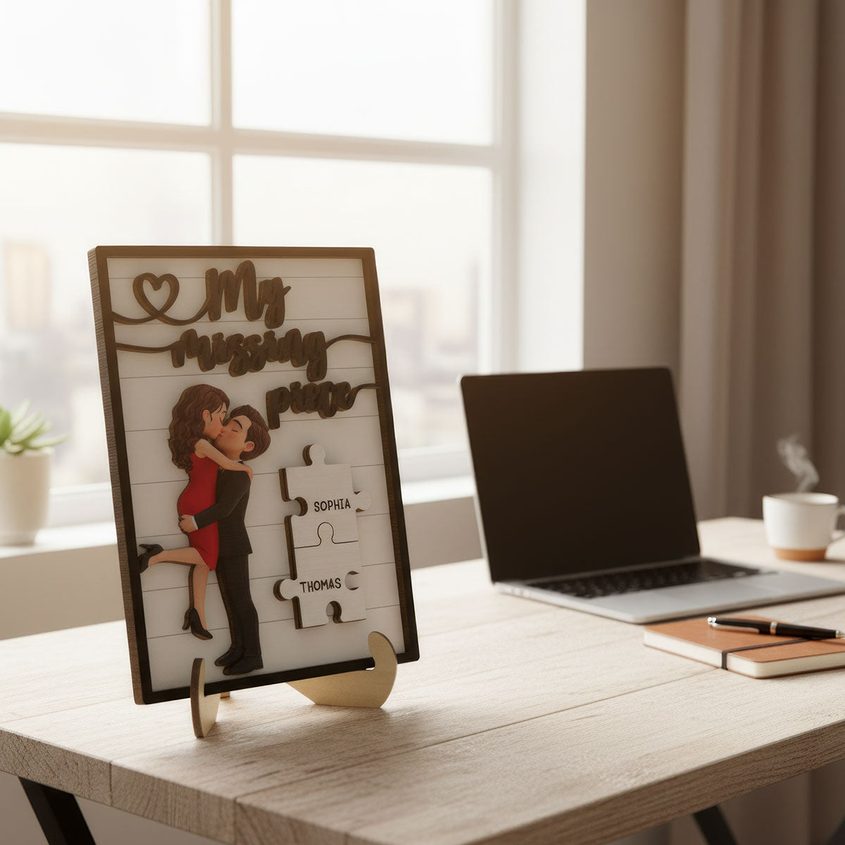 Couple Hugging Kissing Eternal Love You Are My Missing Piece - Personalized 2-Layered Wooden Plaque - Heartfelt Valentine's Day Gift, Anniversary Gift For Couple