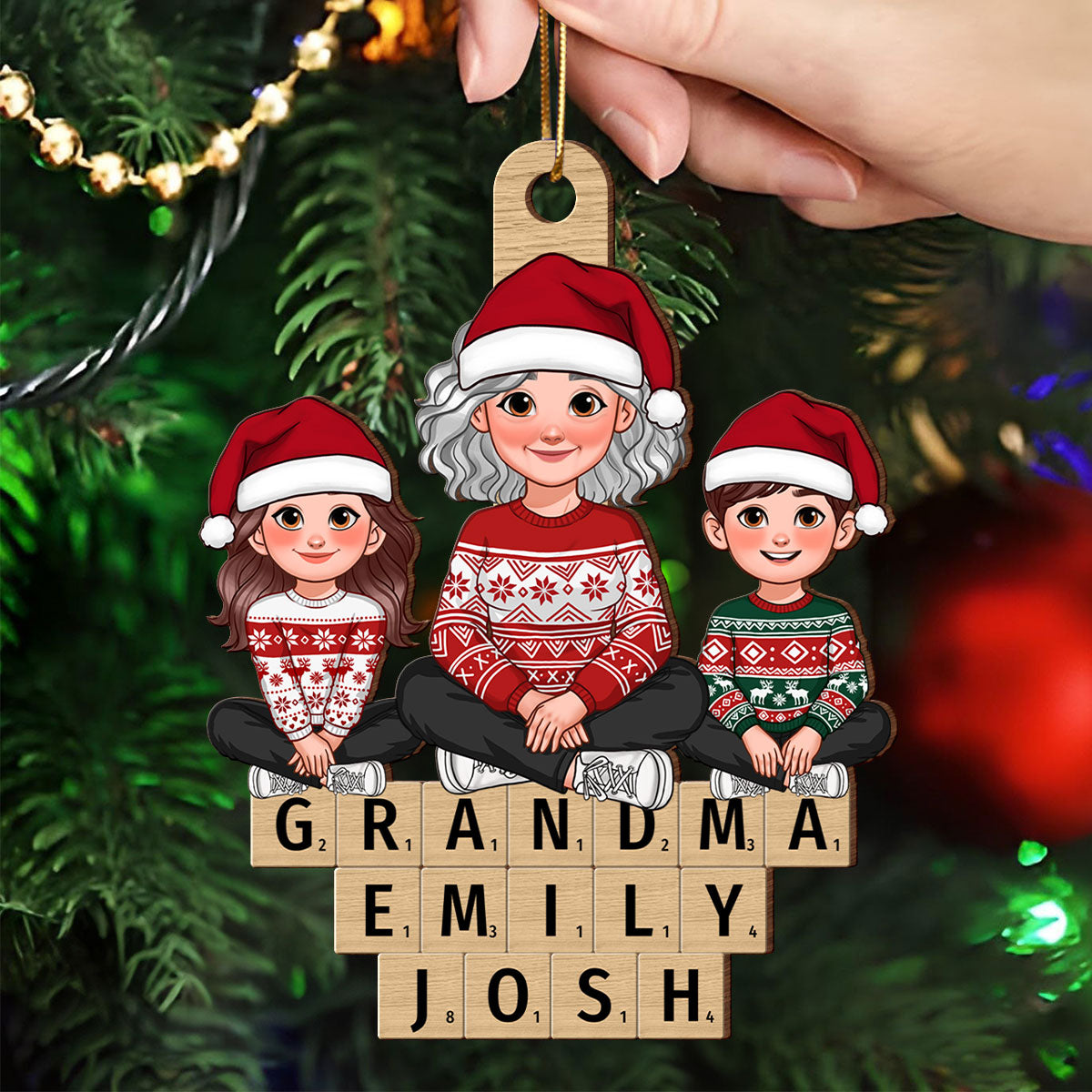 Animated Grandma Grandkids Sitting On Wooden Blocks Personalized Wooden Ornament