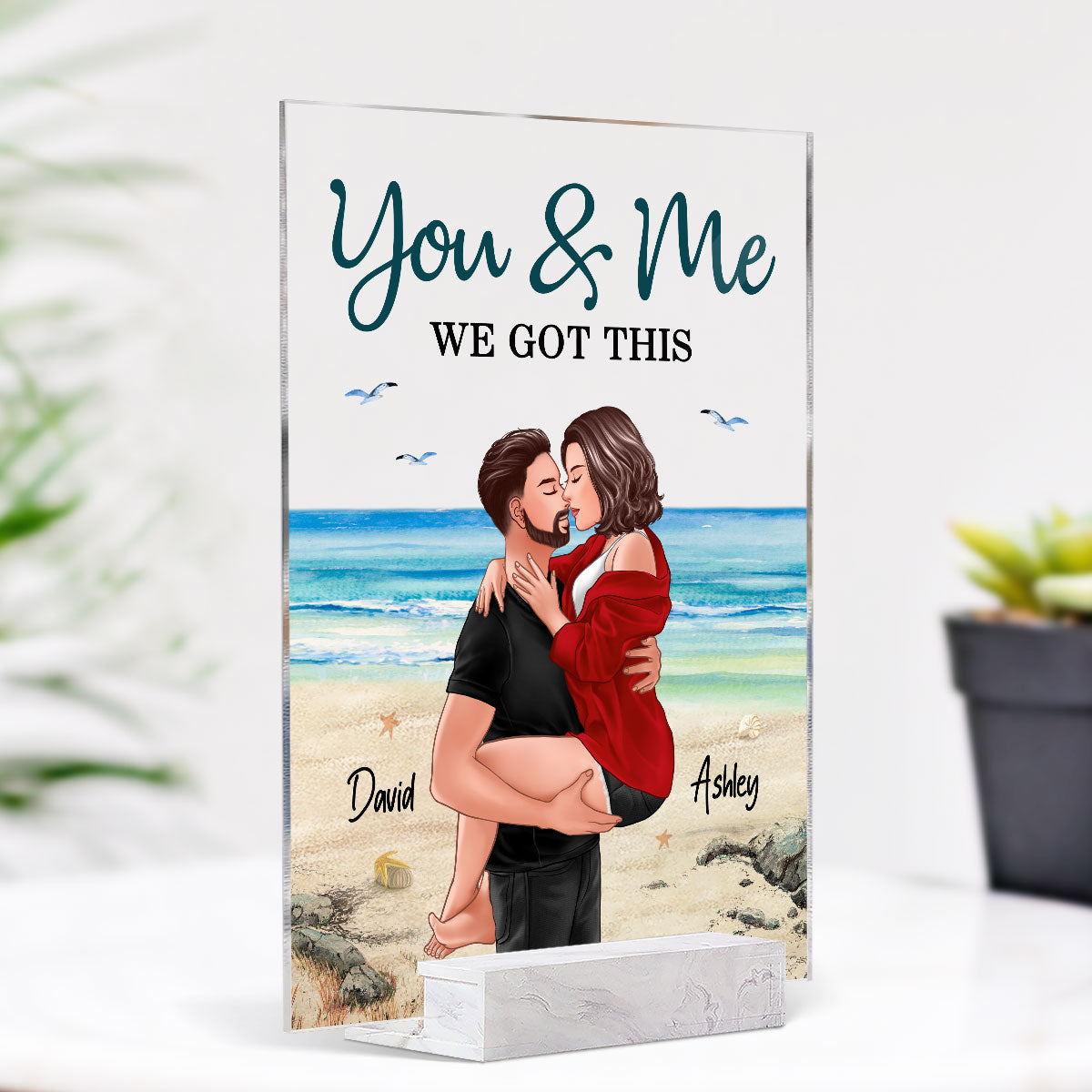 Couple Man Holding Woman Kissing Beach Landscape Personalized Acrylic Plaque