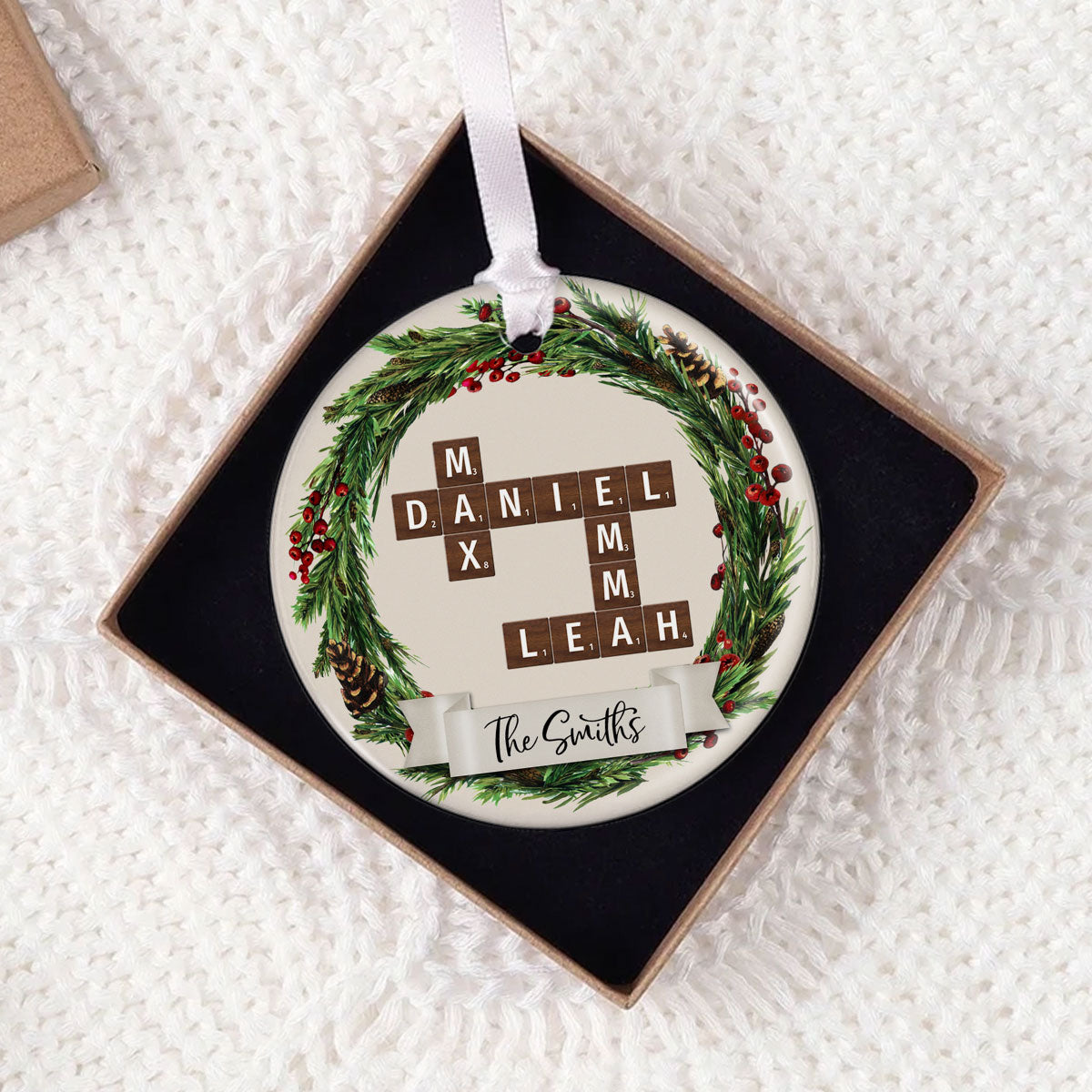 Family Wreath Crossword Puzzle Personalized Ceramic Ornament, Christmas Tree Decor, Christmas Gift for Husband, Wife, Children