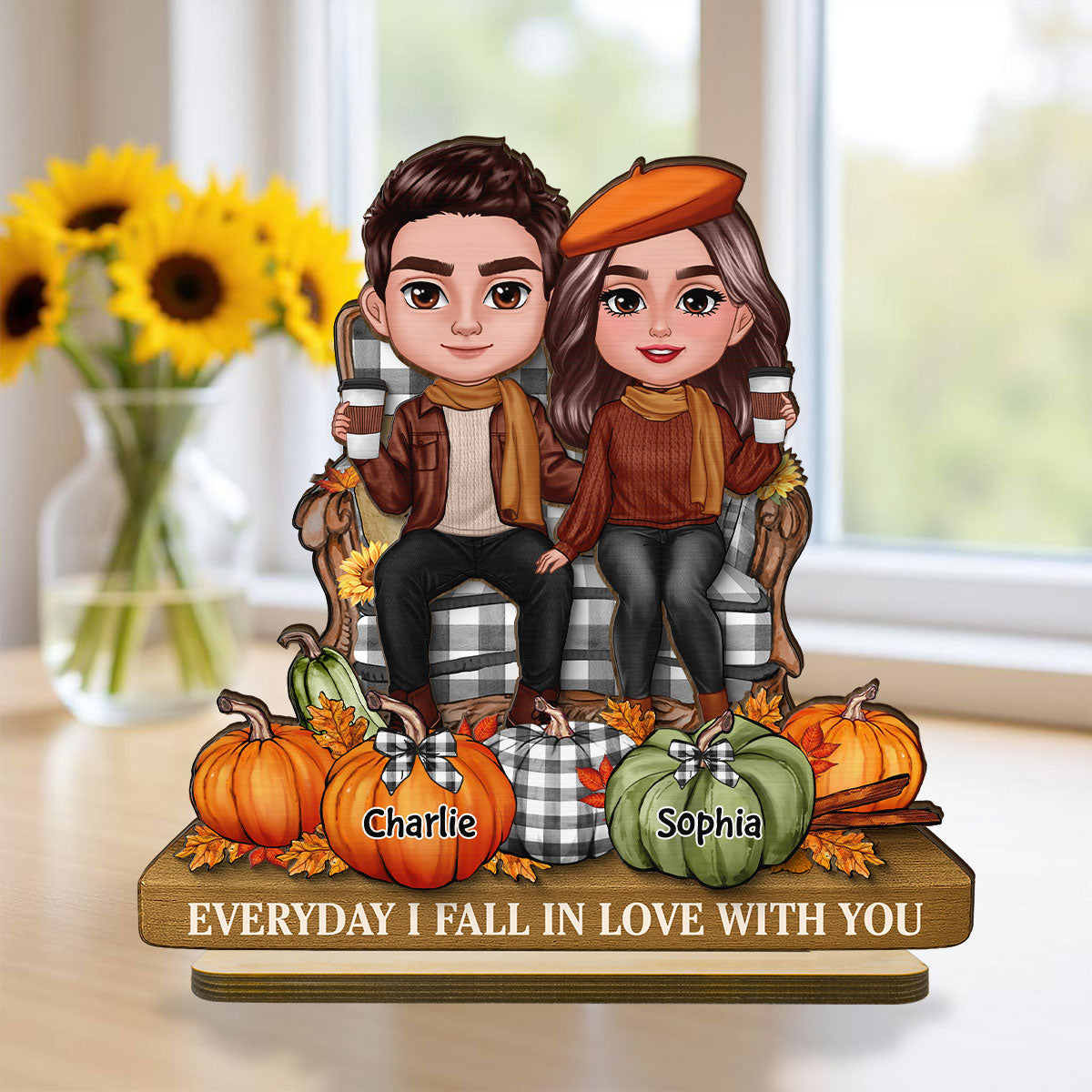 3D Effect Fall Season Couple Sitting Pumpkins Personalized 2-Layer Standing Wooden Plaque