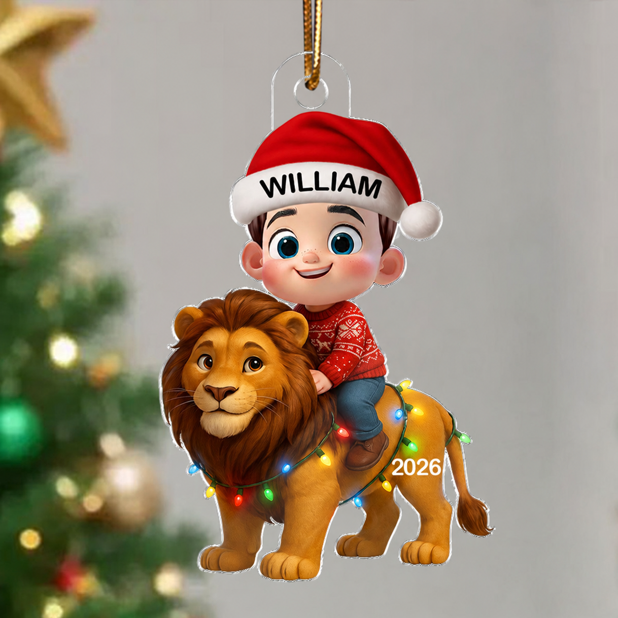 3D Effect Little Kid Jungle Safari Animals Lion Christmas Personalized Acrylic Ornament