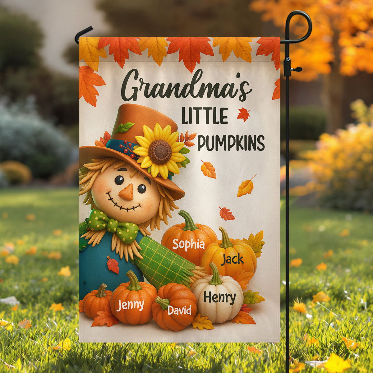 Grandma's Pumpkin Patch Scarecrow Personalized Garden Flag, Cozy Fall Decor for Grandma