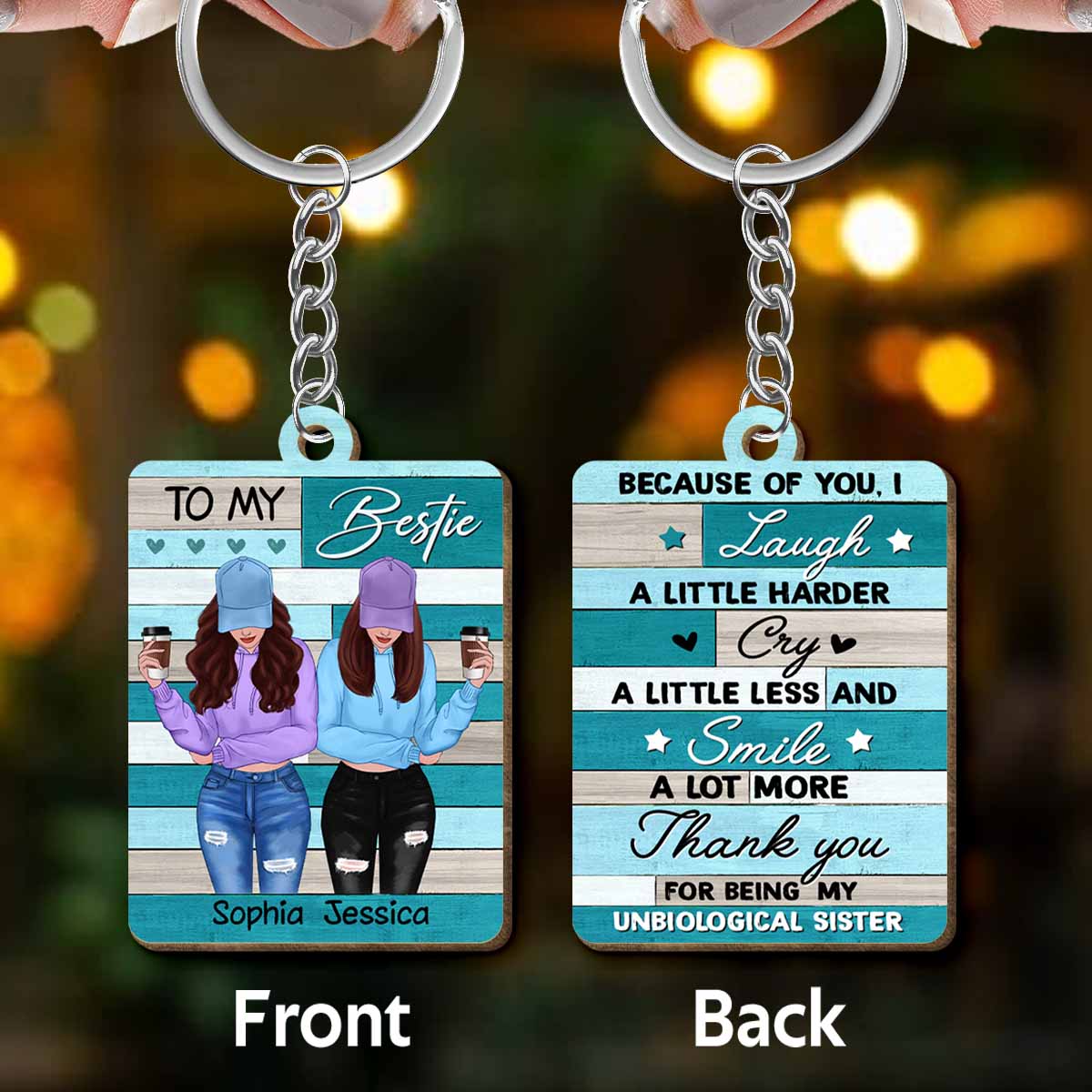 Front View Besties To My Bestie Green Personalized Wooden Keychain