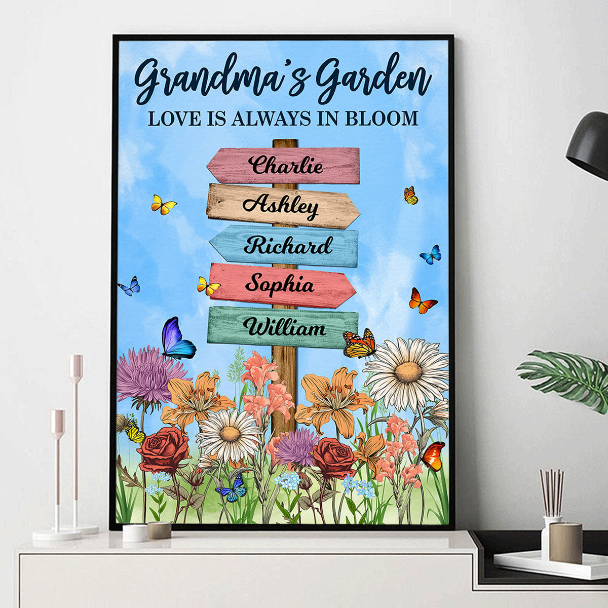 Grandma's Garden Birth Month Flowers Names Sign Personalized Poster