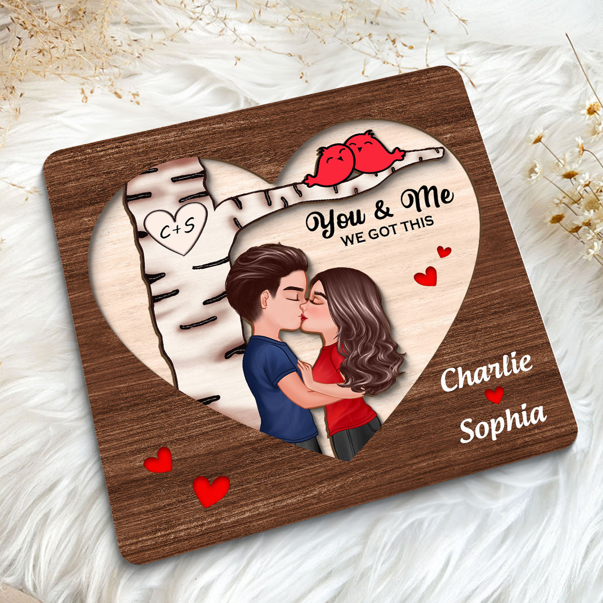 Couple Kissing Under Tree With Love Birds Personalized 2-Layer Wooden Plaque