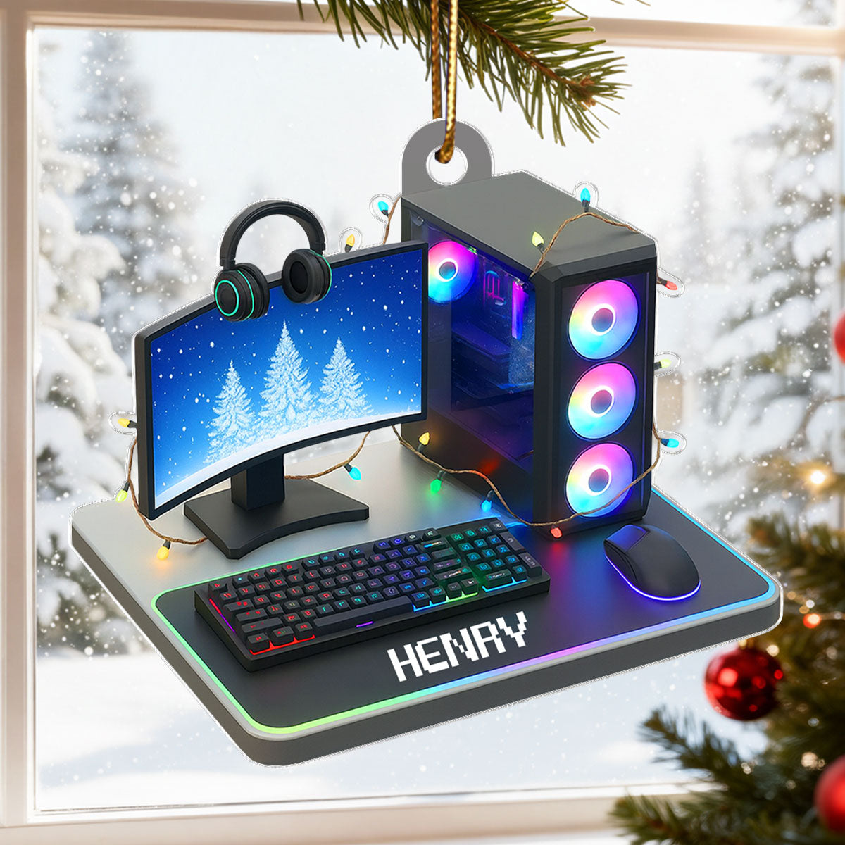Custom Gamer Name PC Set Up - Personalized Acrylic Ornament - Christmas Gift for Gamers, Teen Boy, Teen Girl