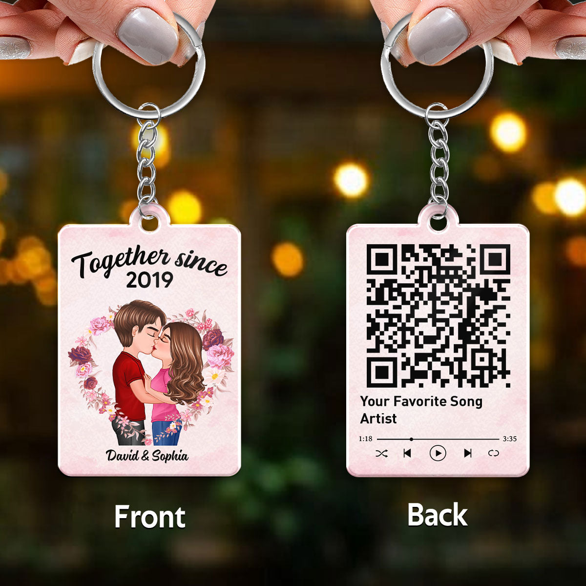 Couple Kissing Floral Heart Favorite Song QR Code Personalized Acrylic Keychain