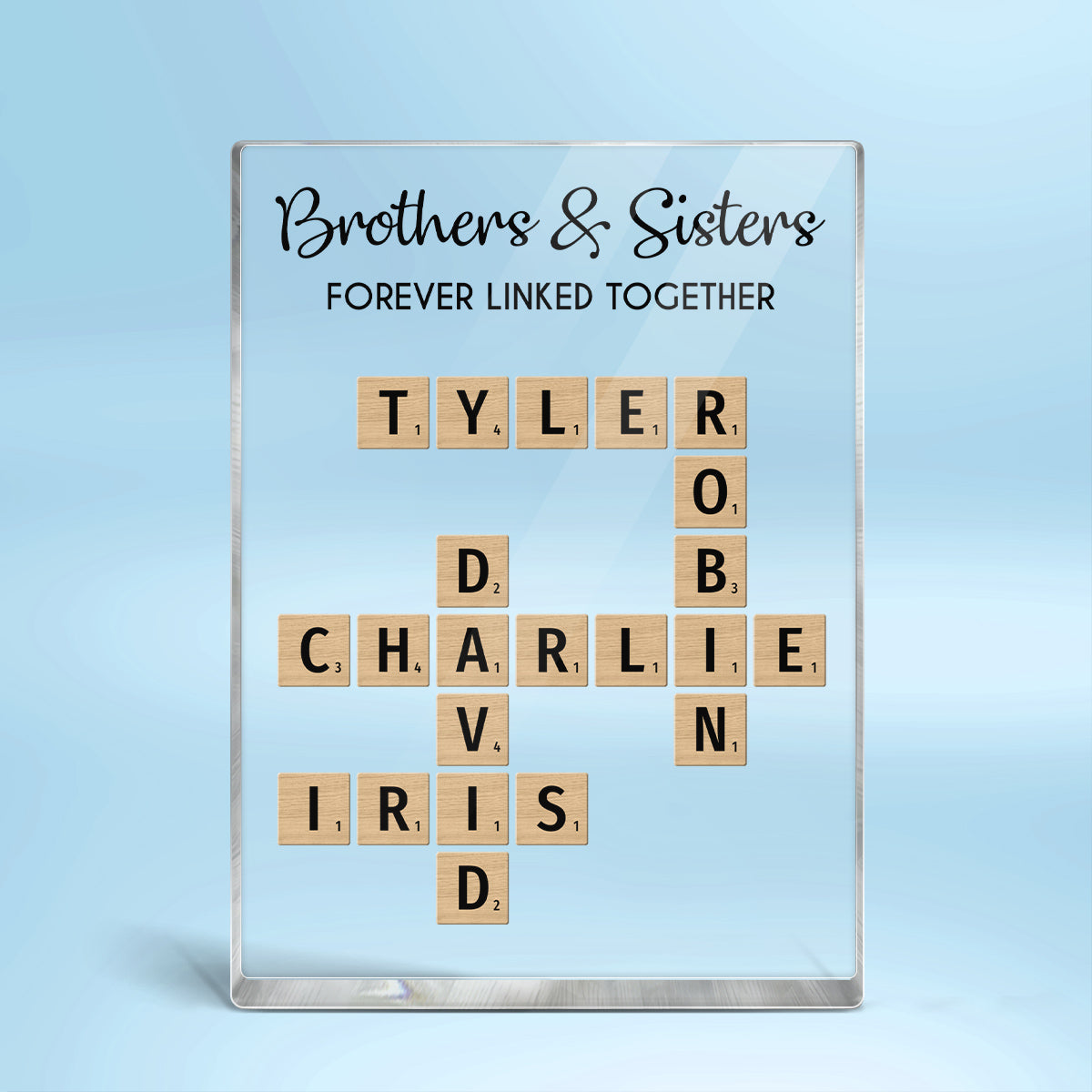 Brothers & Sisters Forever Linked Together Crossword Puzzle Art Personalized Rectangle Acrylic Block Plaque, Gift For Brothers, Sisters, Siblings, Family