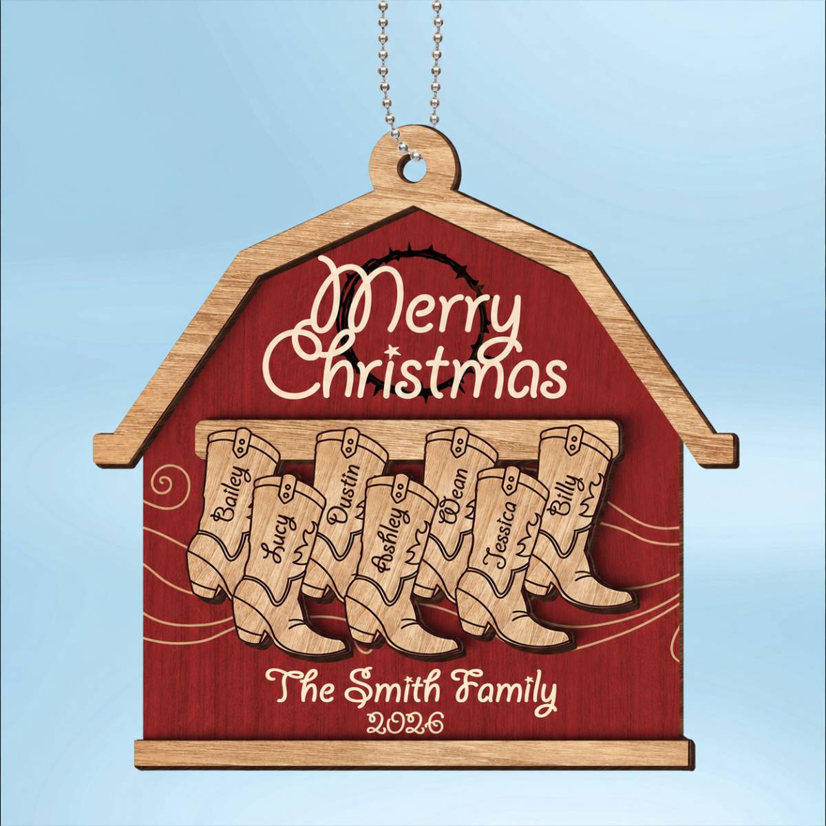 Cowboy Boot Family Names Personalized 2-Layer Wooden Ornament