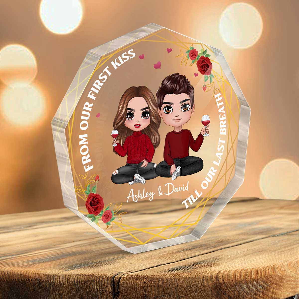 Doll Couple Sitting Personalized Nonagon Acrylic Plaque - Gift For Him Gift For Her