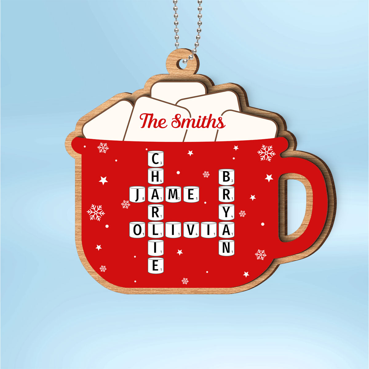 Hot Cocoa Christmas Family Marshmallows Personalized 2-Layer Wooden Ornament
