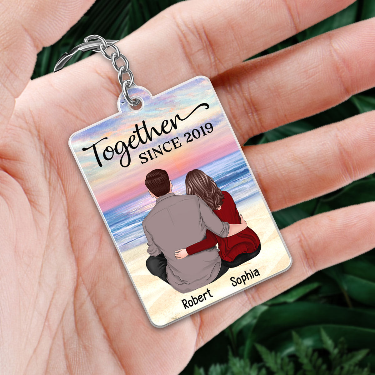 Couple Back View Sitting At Beach Favorite Song Scannable QR Code Personalized Acrylic Keychain