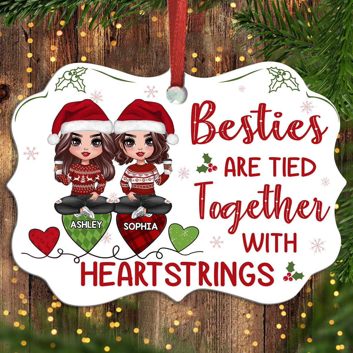 Christmas Doll Besties Sisters Tied Together With Heartstrings Personalized Christmas Ornament