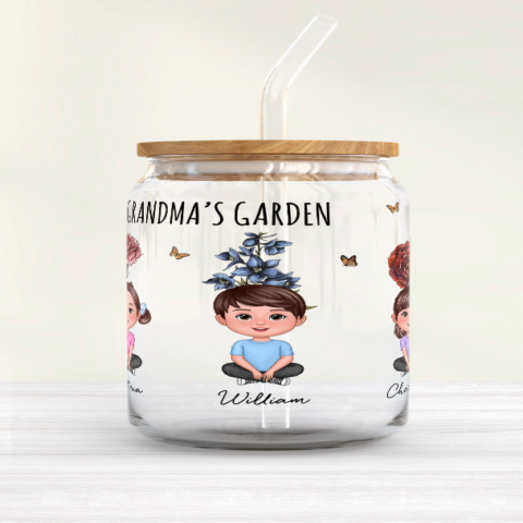Gift For Grandma Grandma‘s Garden Cute Kids With Beautiful Vintage Birth Flower Behind Personalized Clear Glass Can
