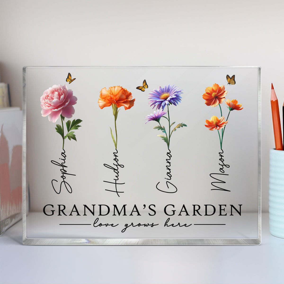 Grandma's Garden 3D Effect Birth Month Flowers Personalized Rectangle Acrylic Block Plaque