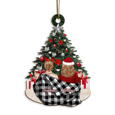 Besties Sisters Sitting In Blanket Christmas Tree Personalized Wooden Ornament