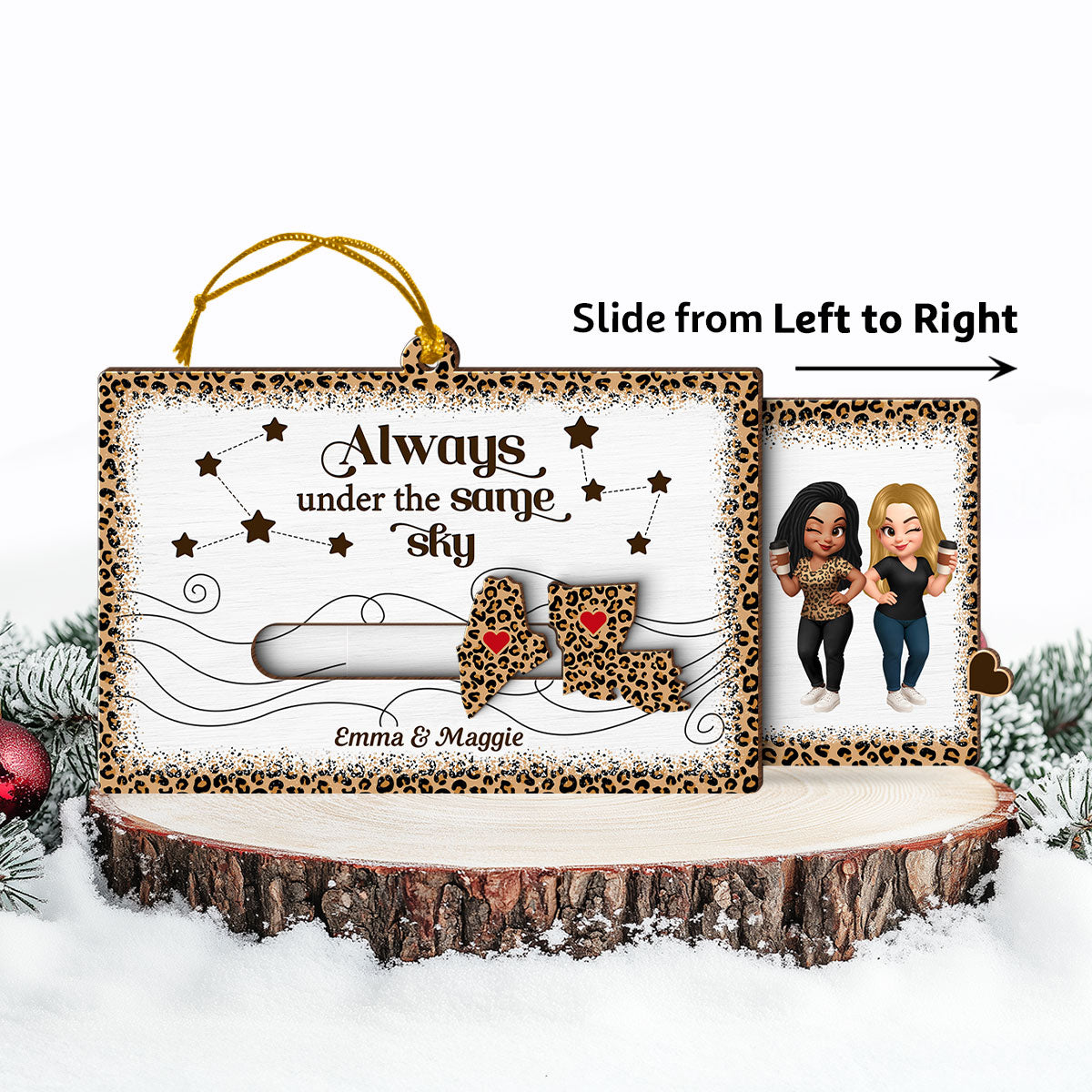 Long Distance Leopard State Map Besties Sisters Personalized Slider Ornament, Meaningful Christmas Gift