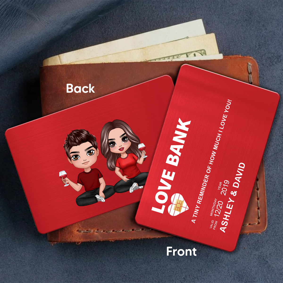 Love Bank Doll Couple Sitting Anniversary Gift Personalized Wallet Insert Metal Wallet Card