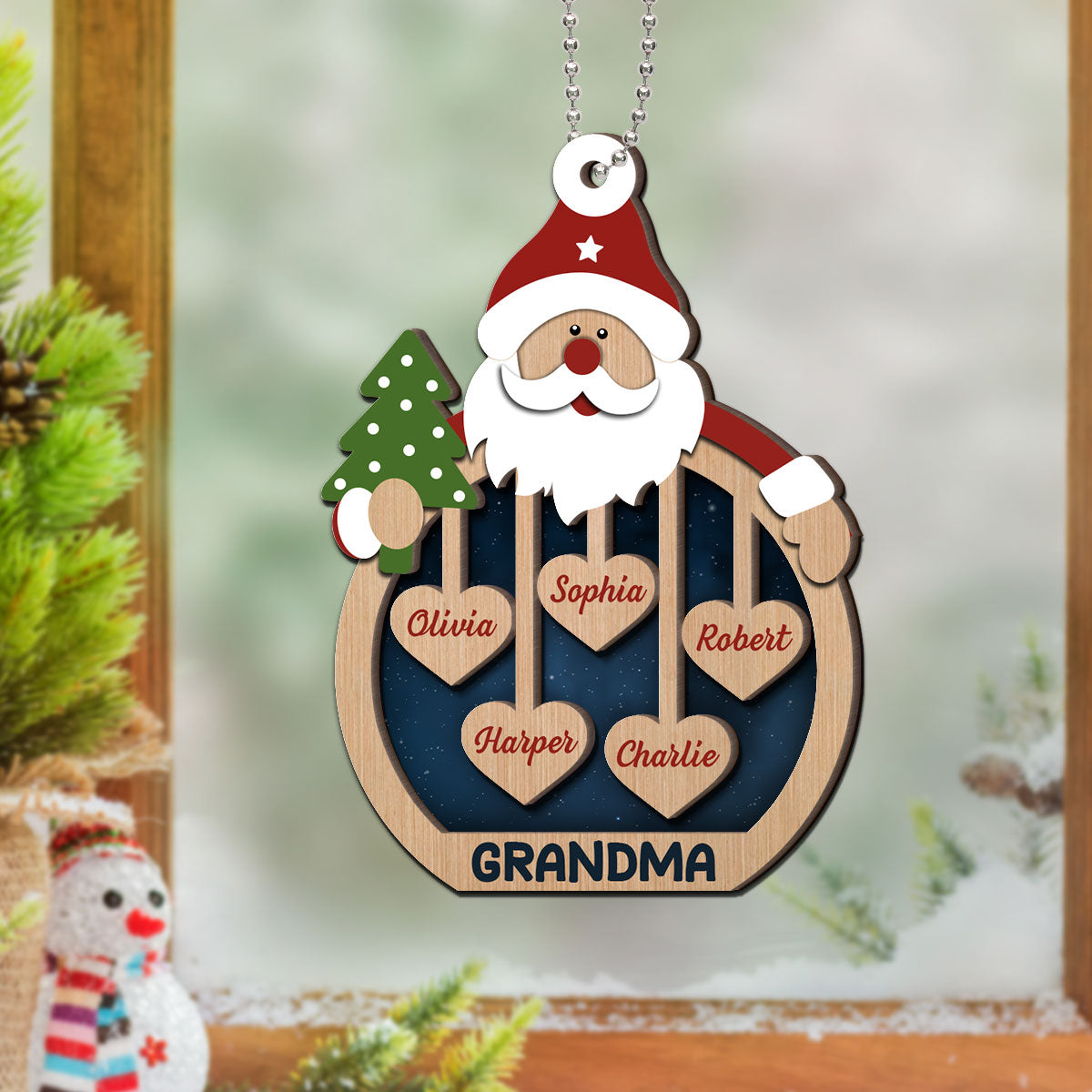 Grandma's Sweethearts Santa Claus Personalized Christmas 2-Layer Wooden Ornament