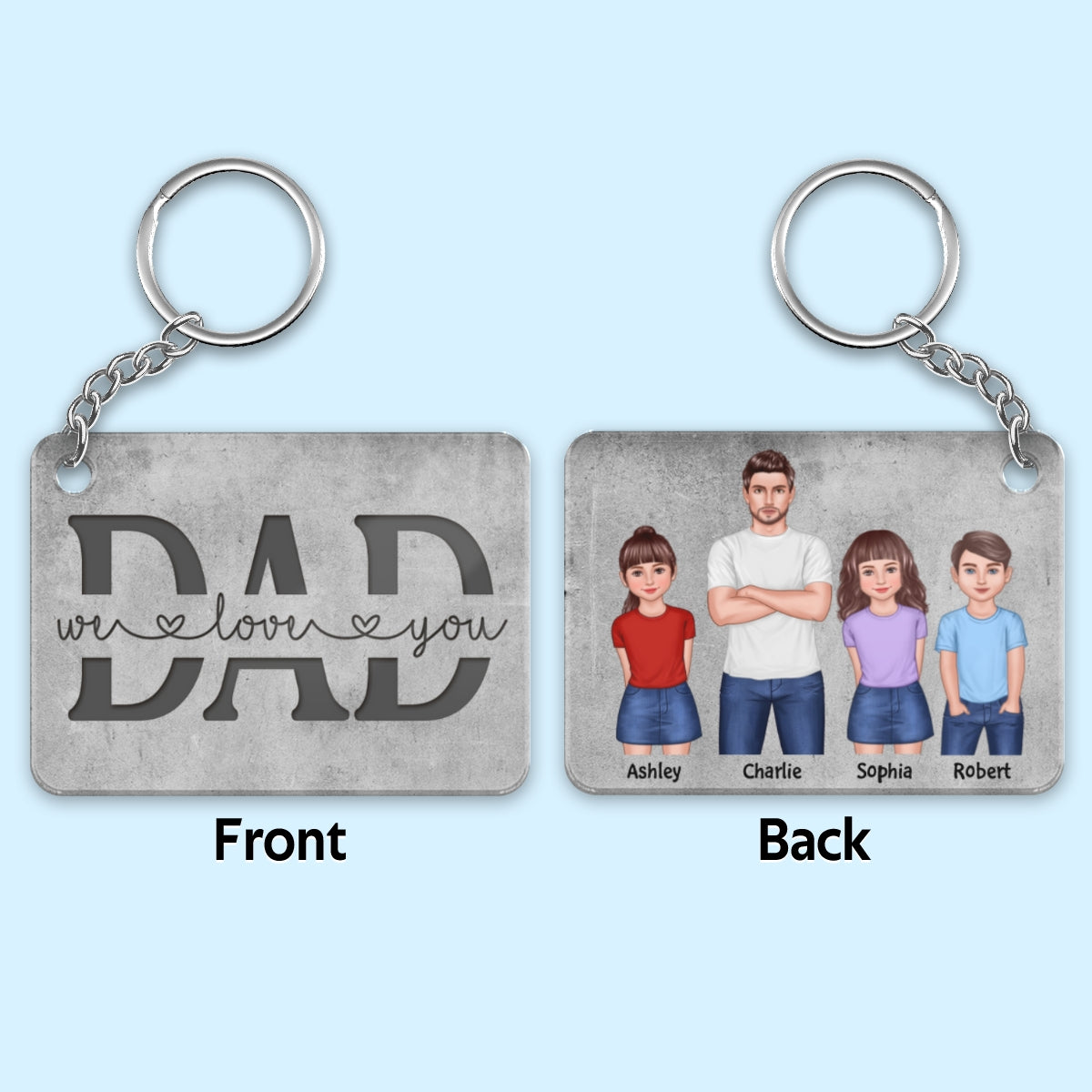 Dad And Kids Standing Front View Personalized Acrylic Keychain