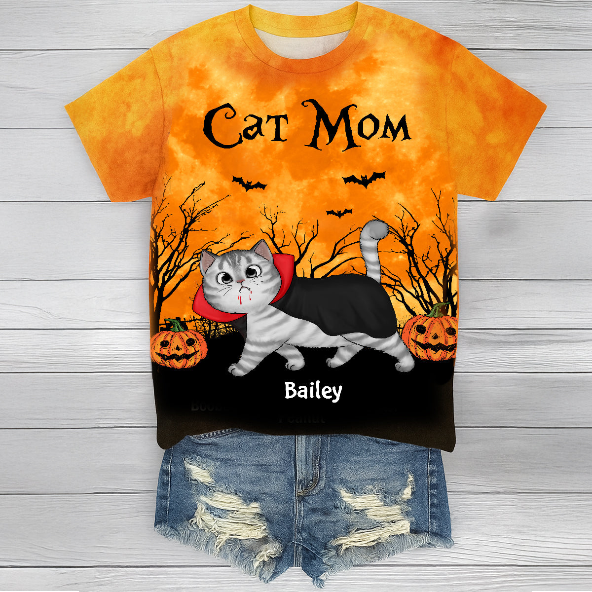 Cat Mom Halloween Moon Light Bat Tree Walking Cat Personalized Shirt, Purrfect Costume for Cat Lover