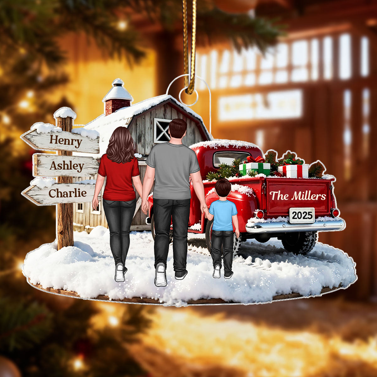 Christmas Truck Barn House Family Sign Post - Personalized Acrylic Ornament - Christmas Gift For Family