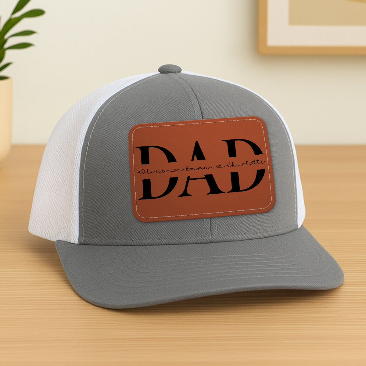 Custom Kids Name Personalized Dad Gift, Leather Patch Hat, Dad and Kids Trucker Hat, Father's Day Gift for Dad, Grandpa