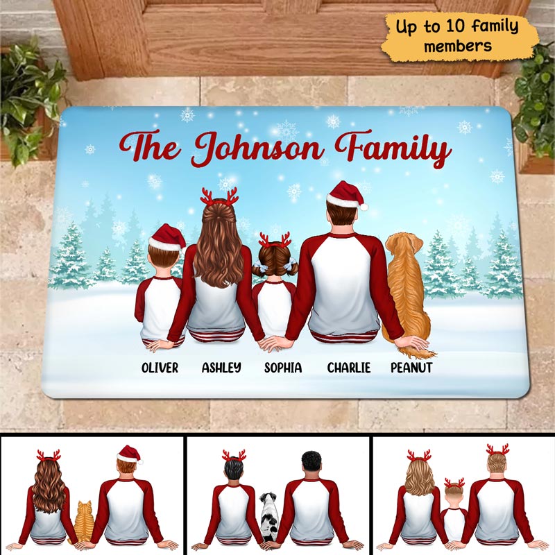 Christmas Pajamas Family In Snow Back View Personalized Doormat