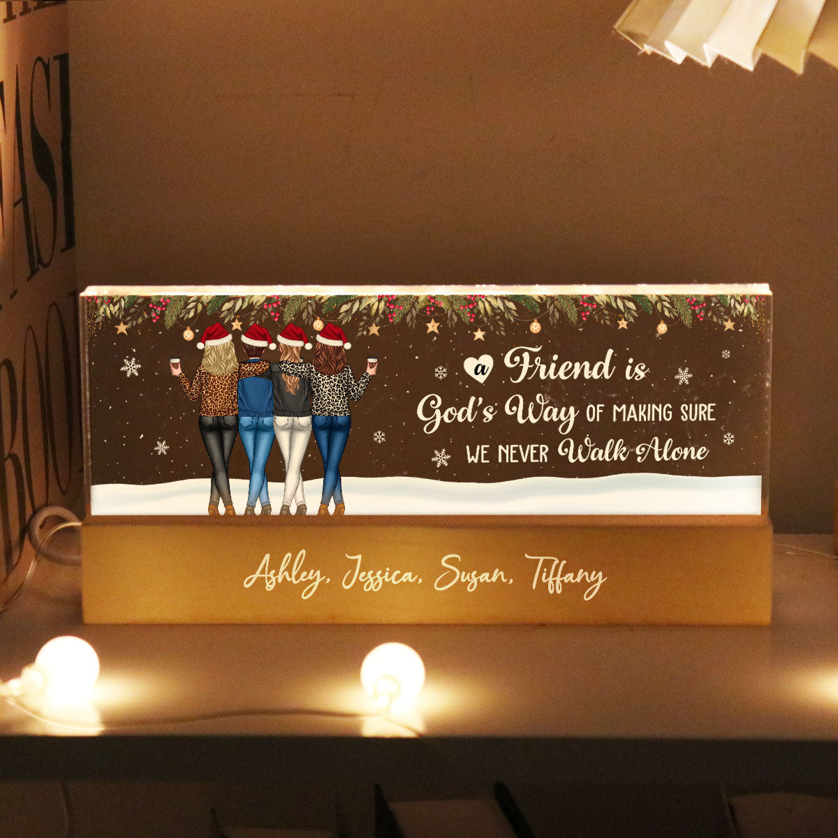 Christmas Friends Standing In Snow Personalized Acrylic Block LED Night Light