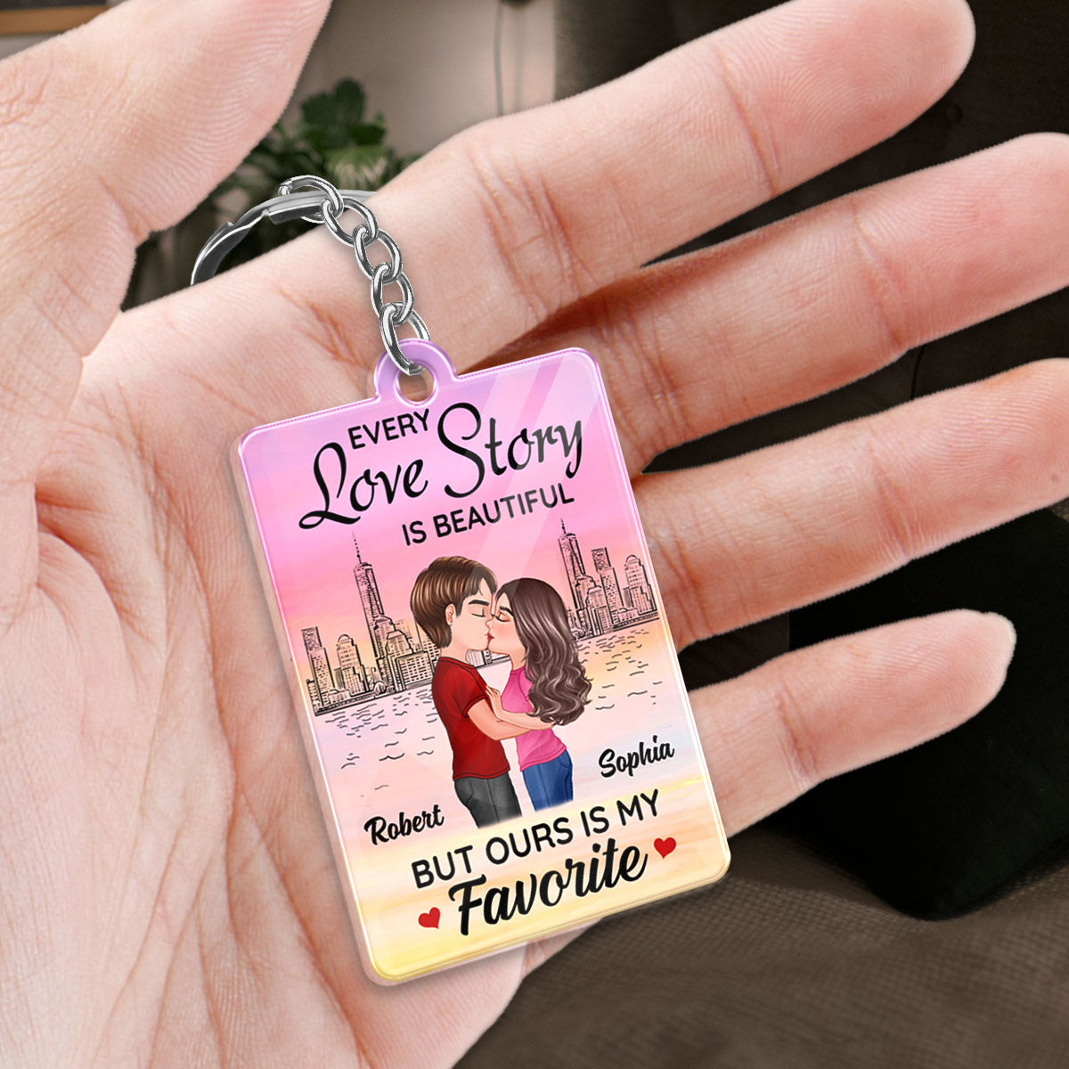 Skyline Doll Couple Kissing Favorite Song Scannable QR Code Personalized Acrylic Keychain