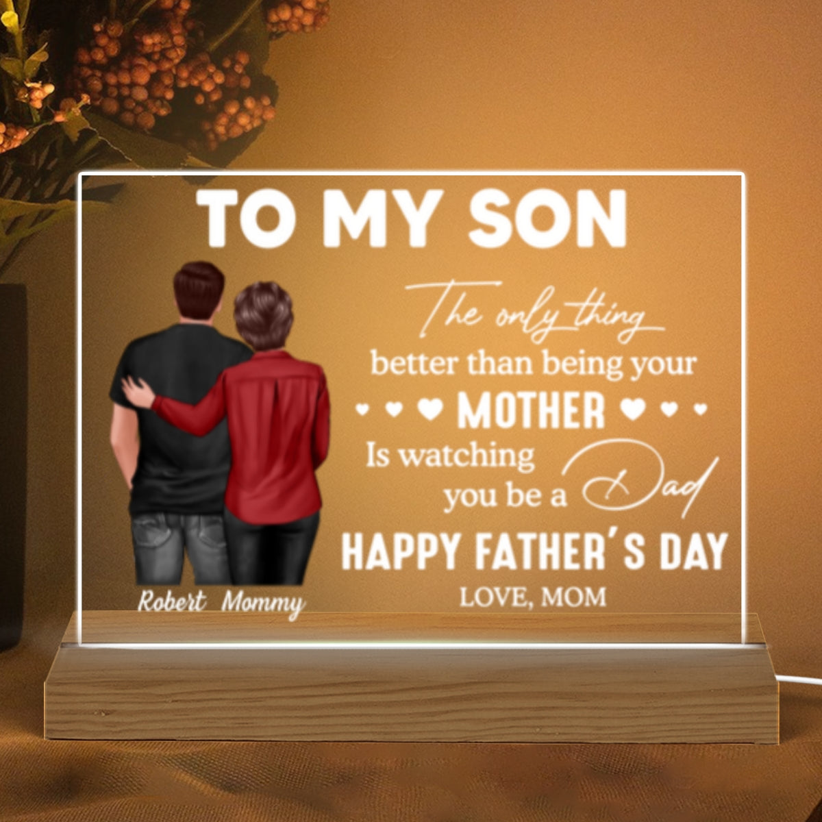 From Mom To Son Happy Father's Day Personalized Acrylic Warm LED Night Light, Heartfelt Gift For Son