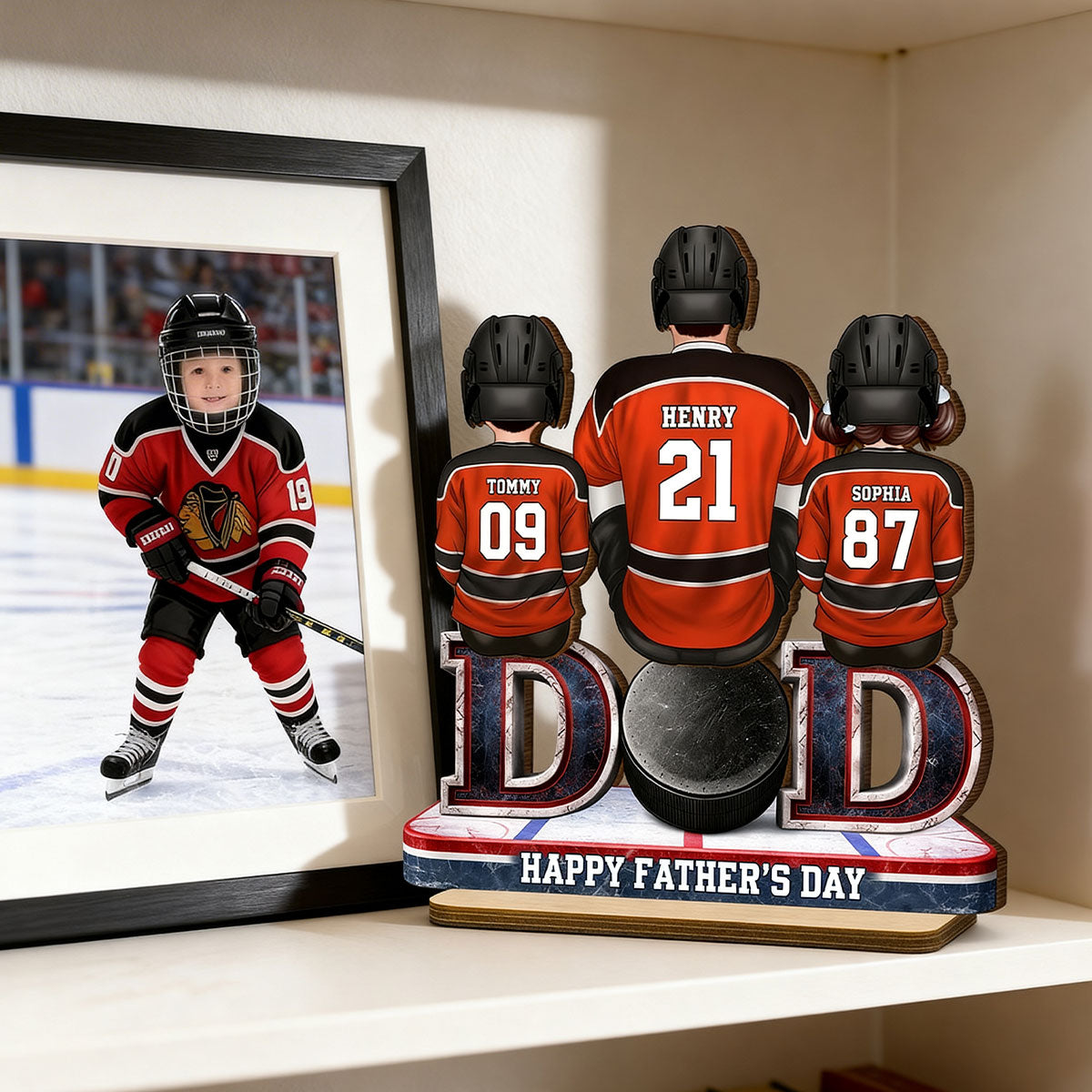Hockey Dad And Kids Sitting Together - Personalized 2-Layered Wooden Plaque - Father's Day Gift, Gift For Hockey Dad, Gift For Husband