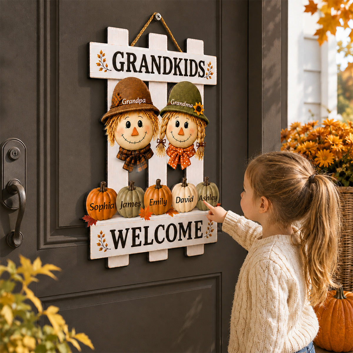 Scarecrow Grandparents Welcome Grandkids 2D Flat - Personalized Wood Sign