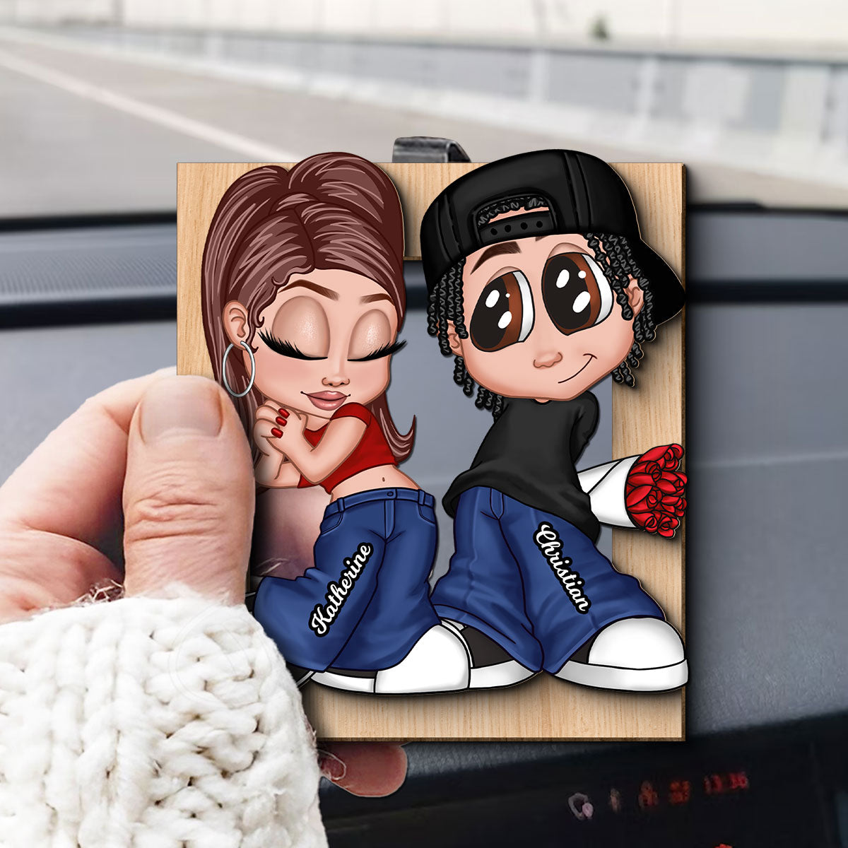 Y2K Couple Frame Personalized 2-layer Wooden Car Visor,  Gift for Him, Gift for Her