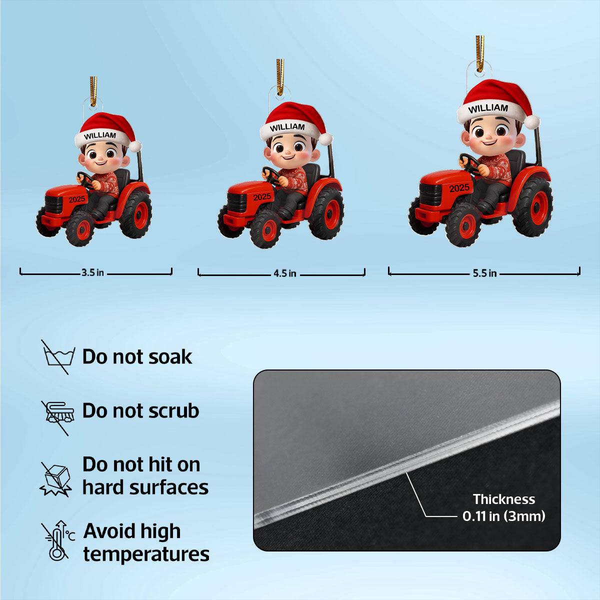 3D Effect Little Boy Kid With Tractor Excavator Backhoe Christmas - Personalized Acrylic Ornament - Gift For Grandkids, Kids