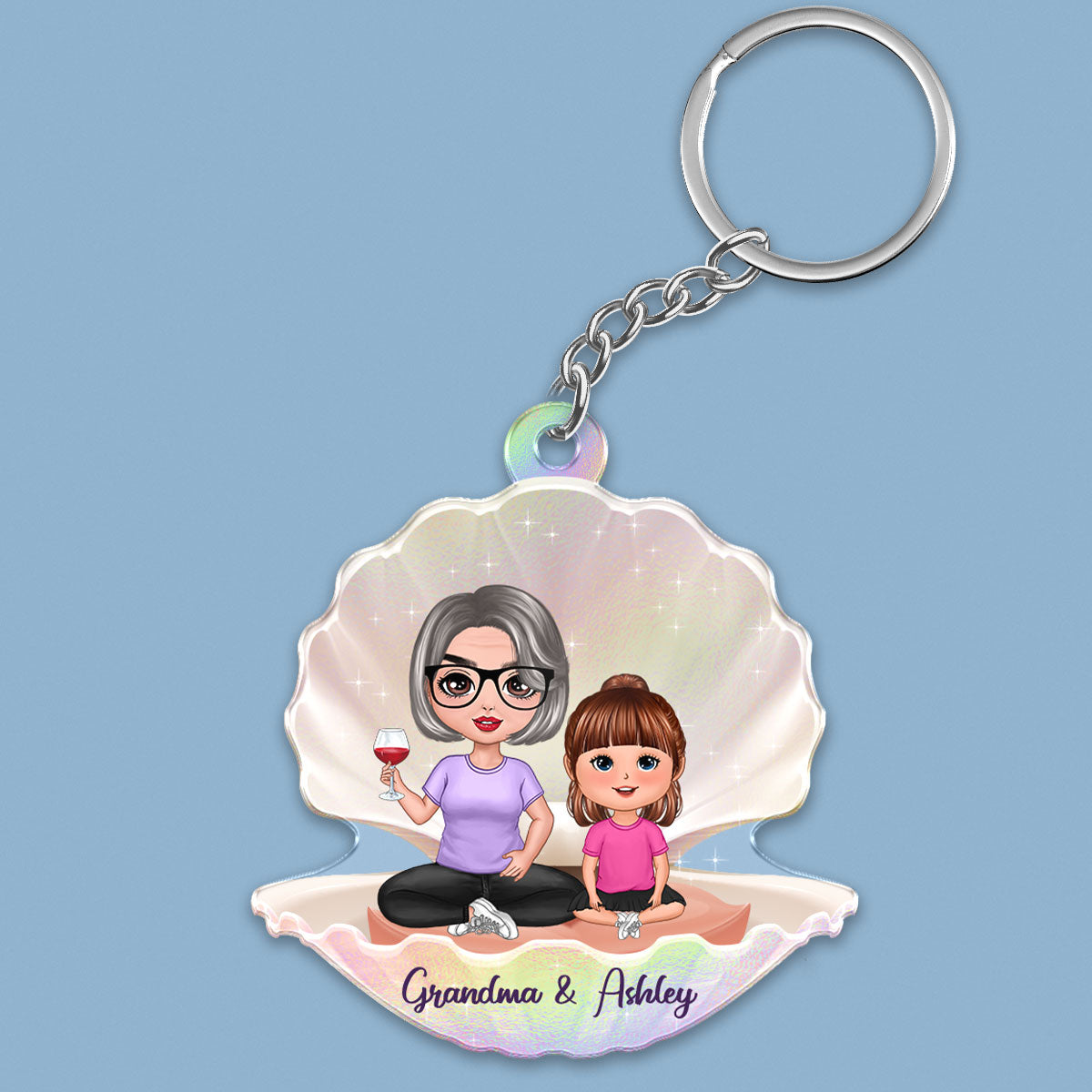 Doll Grandma Grandkid Sitting In Pearl Shell Personalized Acrylic Keychain
