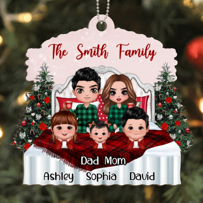 Christmas Doll Family On Bed Personalized Wooden Ornament