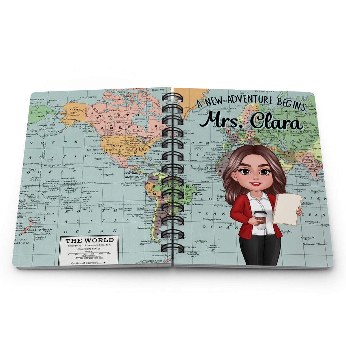 World Map Adventure Themed Teacher Book Of Notes Personalized Spiral Notebook Journal, Back To School Stationery