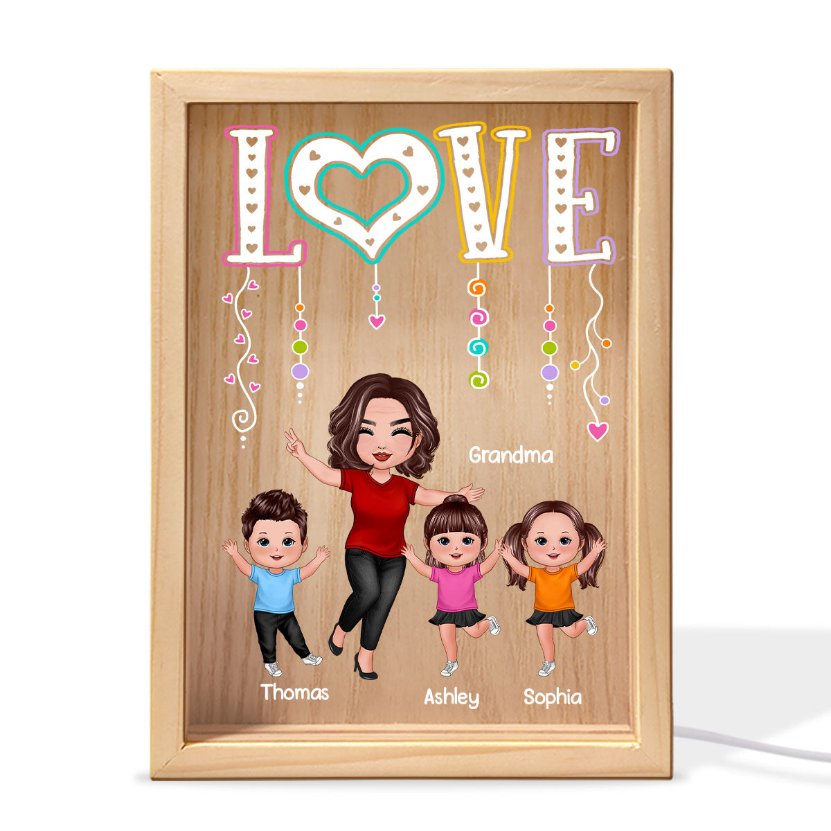 LOVE Happy Doll Grandma Mom With Kids Personalized Wooden Frame Light Box