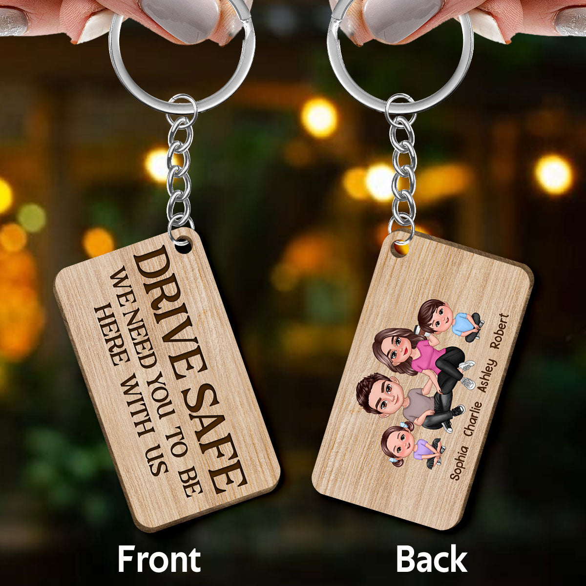 Family Doll Couple & Kids Dog Cat Sitting Personalized Wooden Keychain
