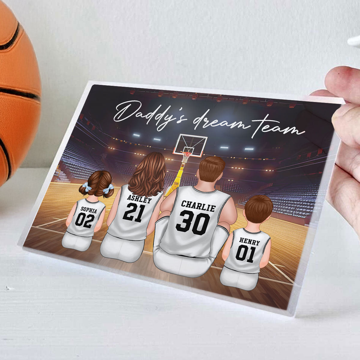 Daddy's Team Basketball Family Sitting Personalized Acrylic Block, Unique Father's Day Gift for Dad, Gift for Husband